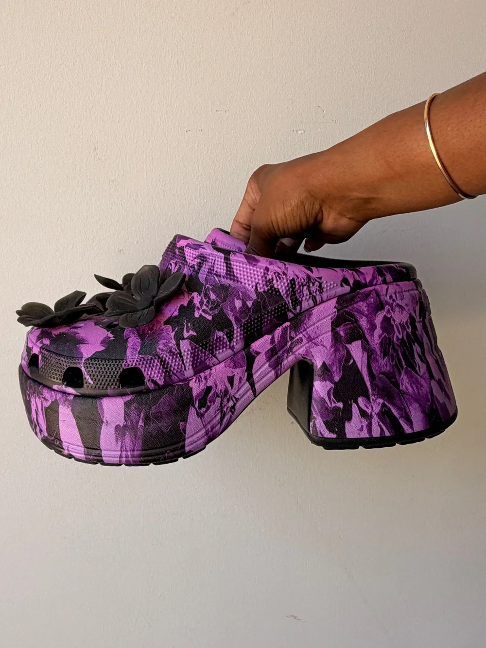 CROCS Purple and Black Floral Platform Clogs